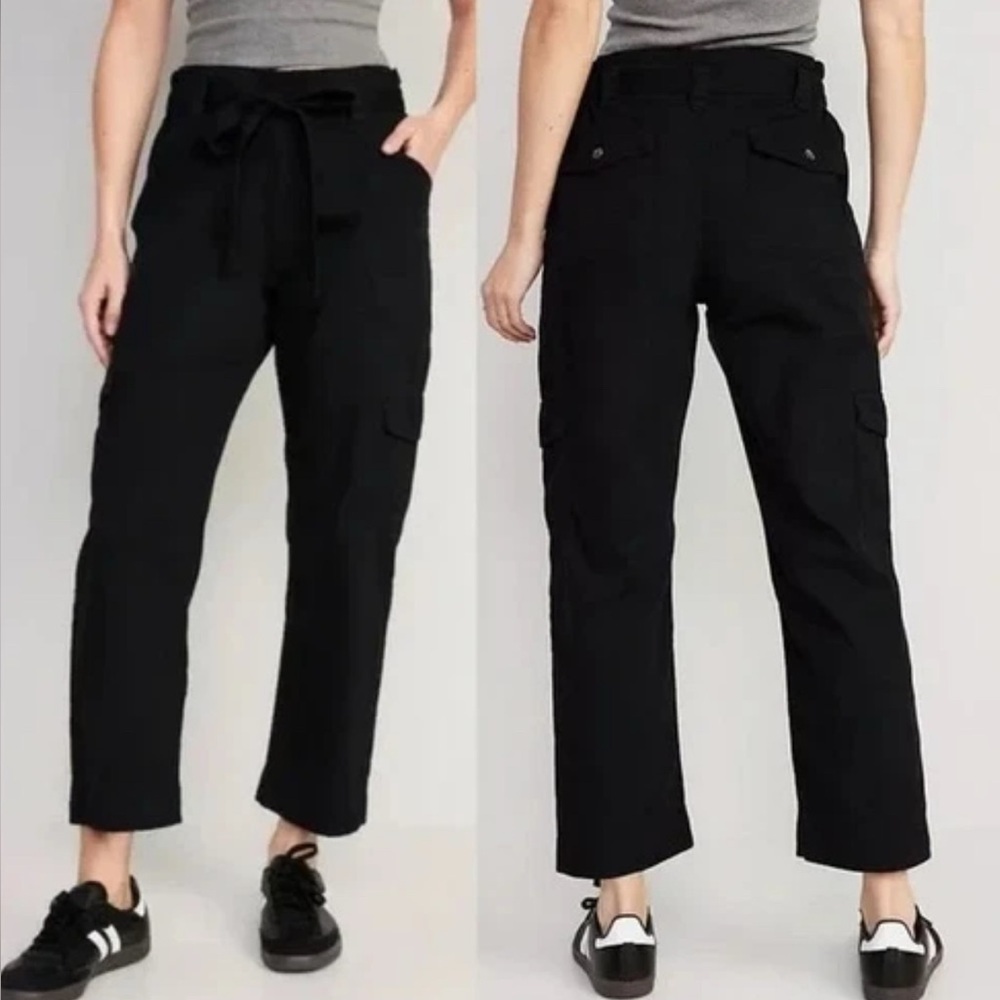 Old Navy Women's S Small Tie Waist Cargo Pants Straight Leg NWT Black High Waist